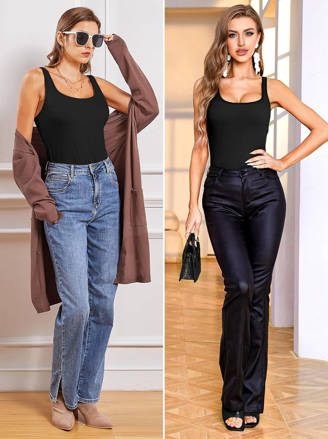 V FOR CITY Tank Top for Women with Shelf Bra Cotton Adjustable Wide Strap Camisole Basic Cami Shirts 2 Pack
