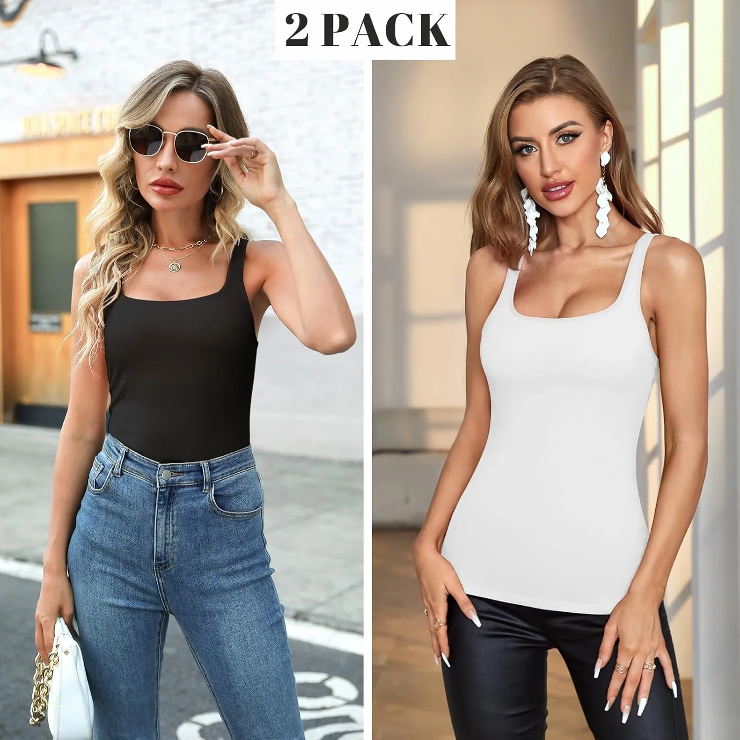 V FOR CITY Tank Top for Women with Shelf Bra Cotton Adjustable Wide Strap Camisole Basic Cami Shirts 2 Pack