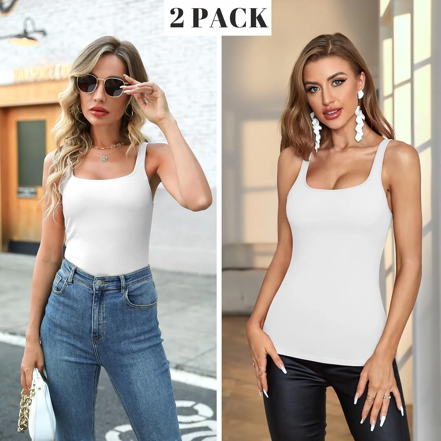 V FOR CITY Tank Top for Women with Shelf Bra Cotton Adjustable Wide Strap Camisole Basic Cami Shirts 2 Pack