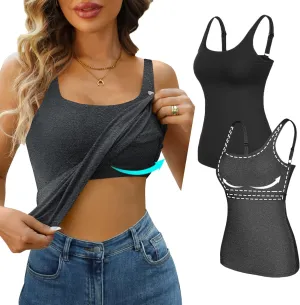 V FOR CITY Tank Top for Women with Shelf Bra Cotton Adjustable Wide Strap Camisole Basic Cami Shirts 2 Pack