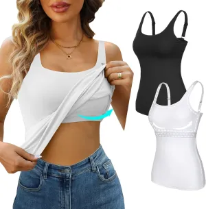 V FOR CITY Tank Top for Women with Shelf Bra Cotton Adjustable Wide Strap Camisole Basic Cami Shirts 2 Pack