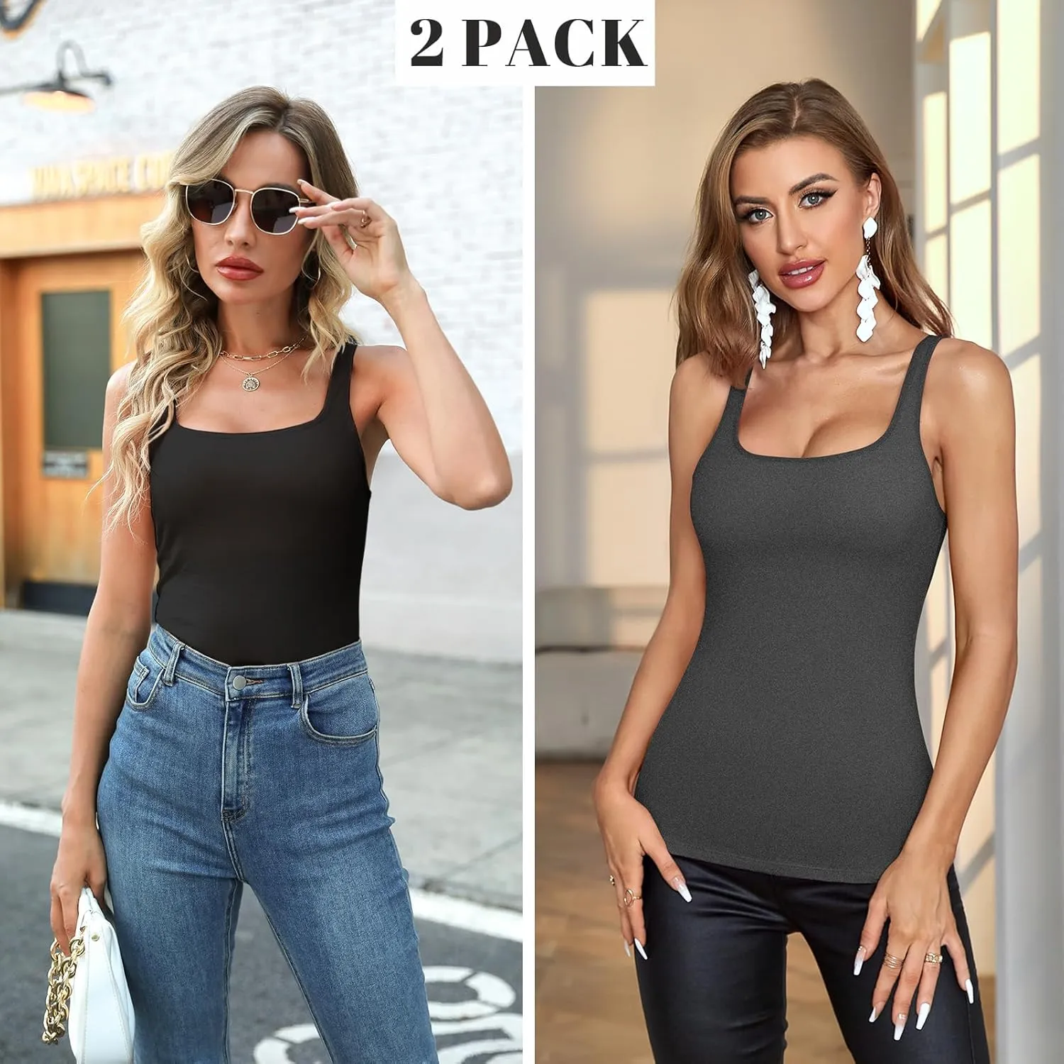 V FOR CITY Tank Top for Women with Shelf Bra Cotton Adjustable Wide Strap Camisole Basic Cami Shirts 2 Pack
