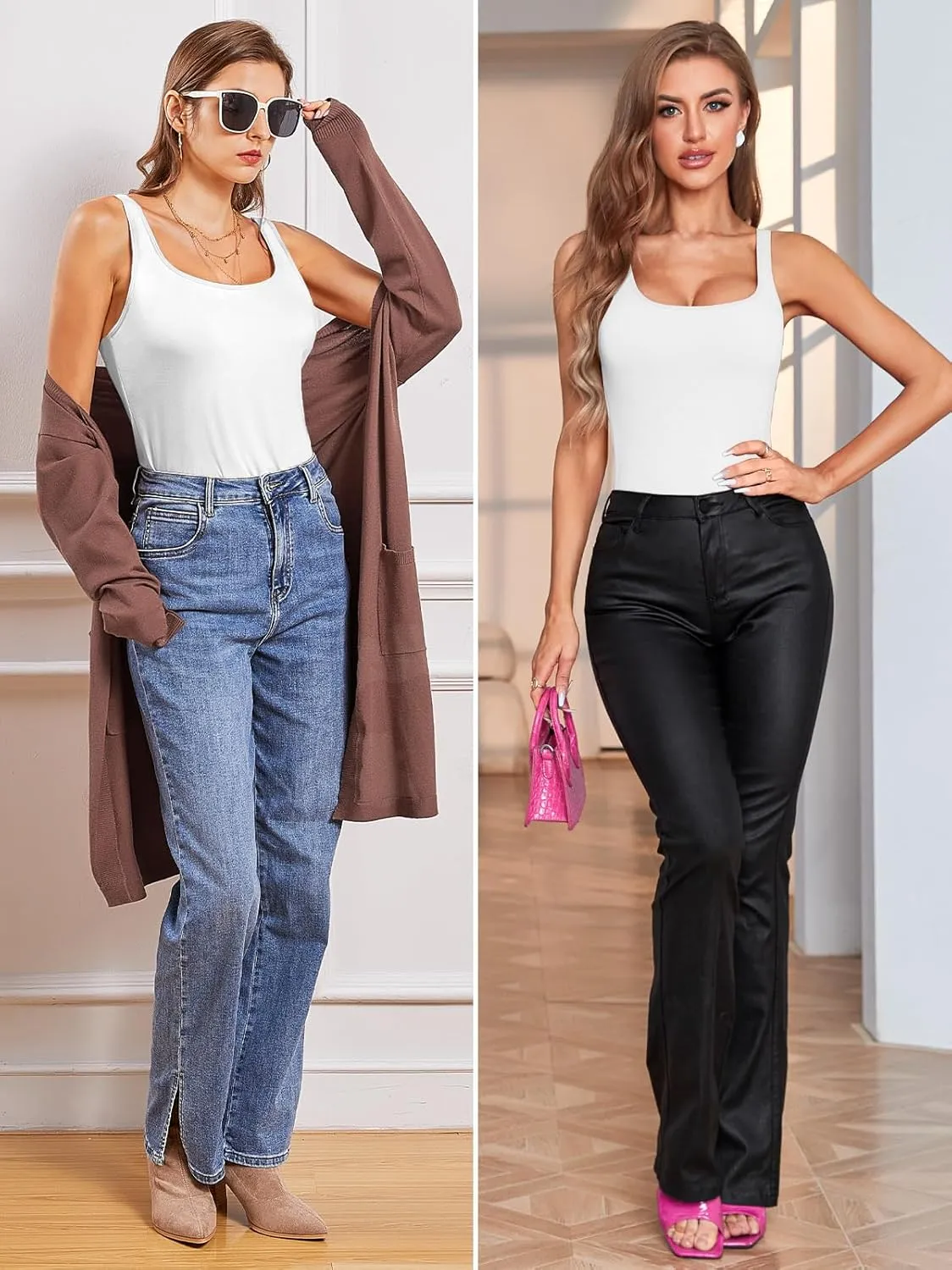 V FOR CITY Tank Top for Women with Shelf Bra Cotton Adjustable Wide Strap Camisole Basic Cami Shirts 2 Pack
