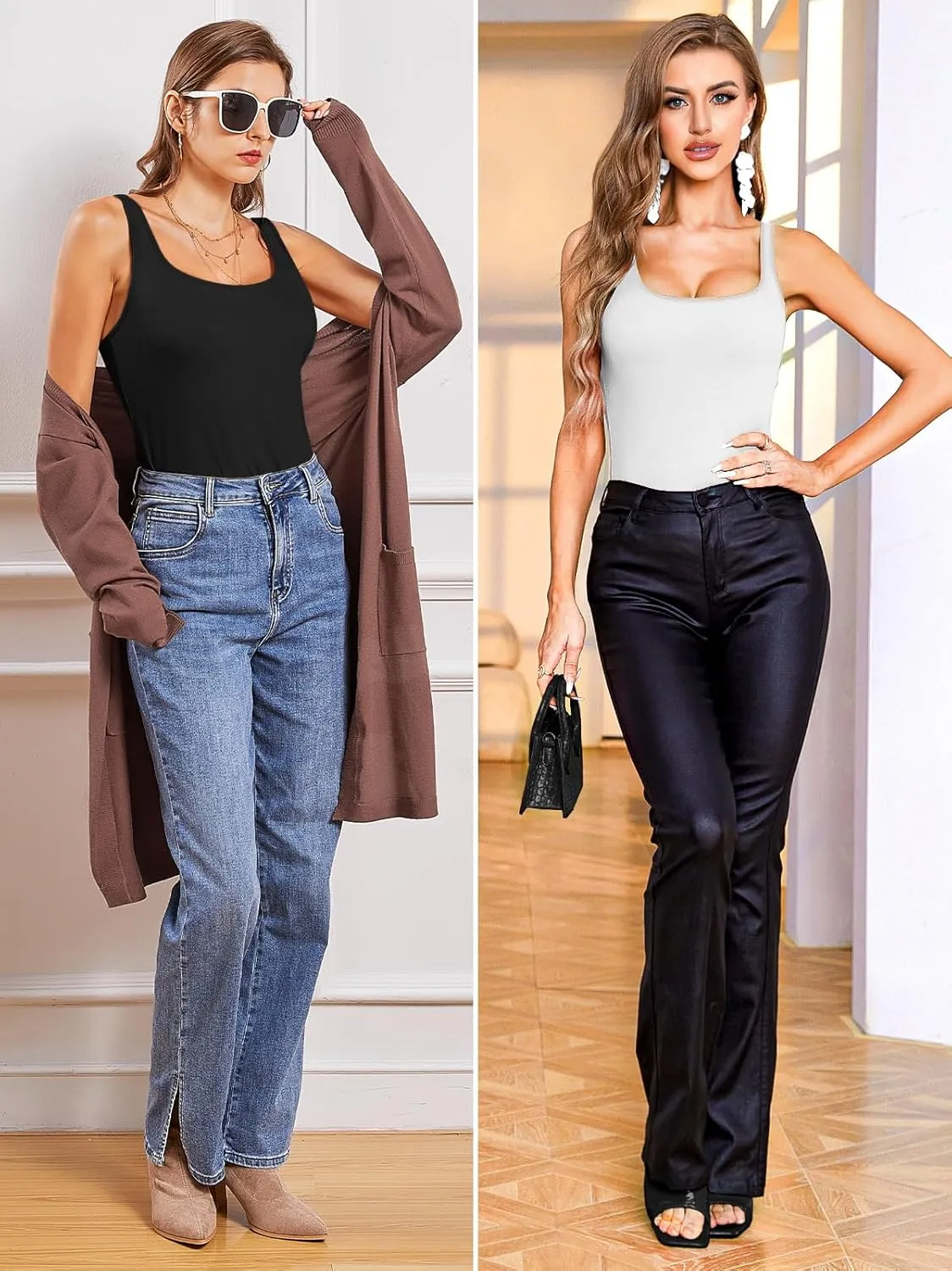V FOR CITY Tank Top for Women with Shelf Bra Cotton Adjustable Wide Strap Camisole Basic Cami Shirts 2 Pack