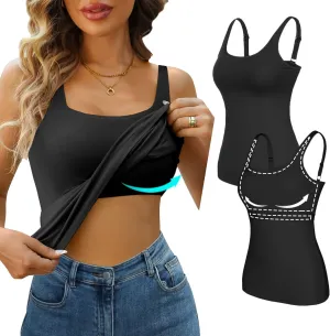 V FOR CITY Tank Top for Women with Shelf Bra Cotton Adjustable Wide Strap Camisole Basic Cami Shirts 2 Pack