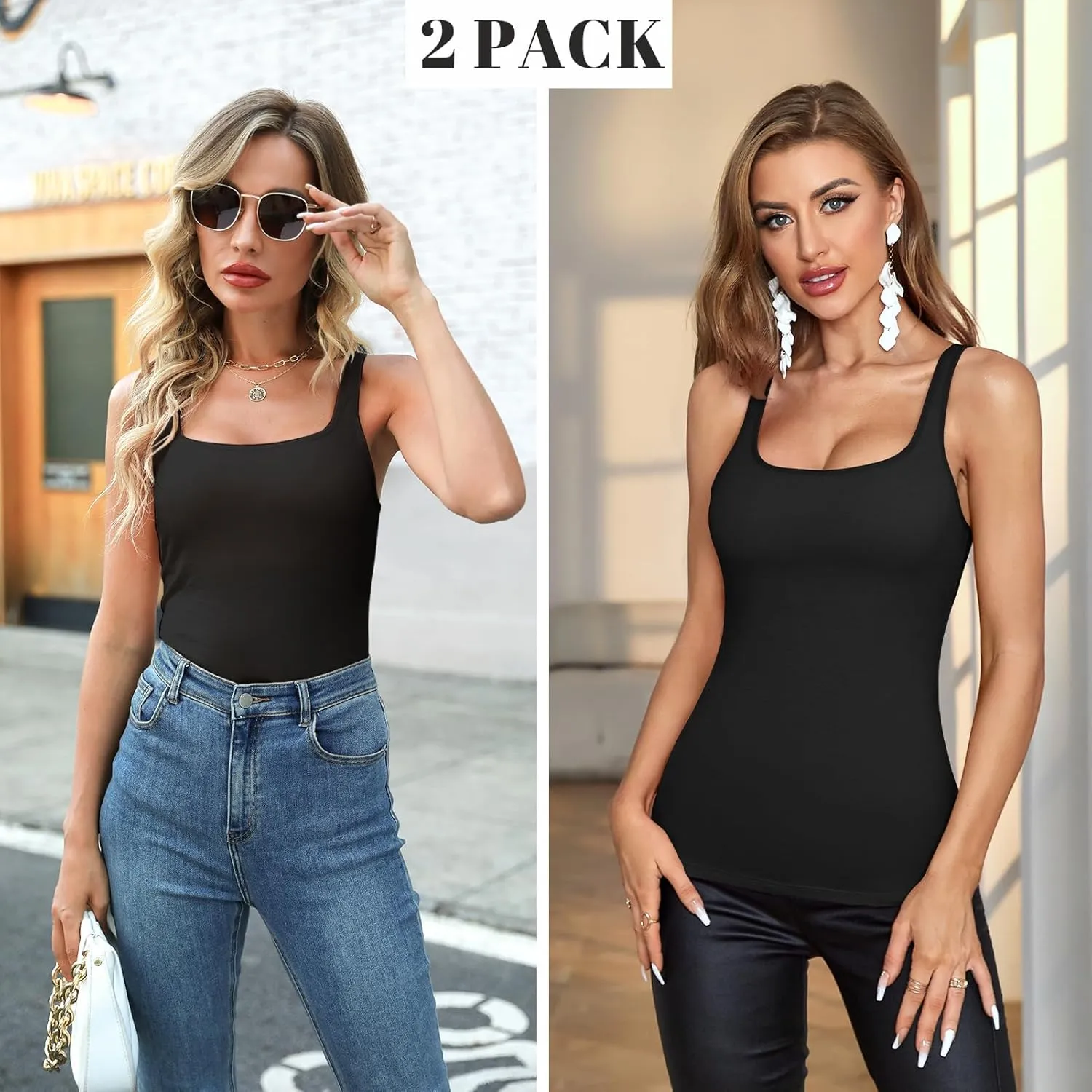 V FOR CITY Tank Top for Women with Shelf Bra Cotton Adjustable Wide Strap Camisole Basic Cami Shirts 2 Pack