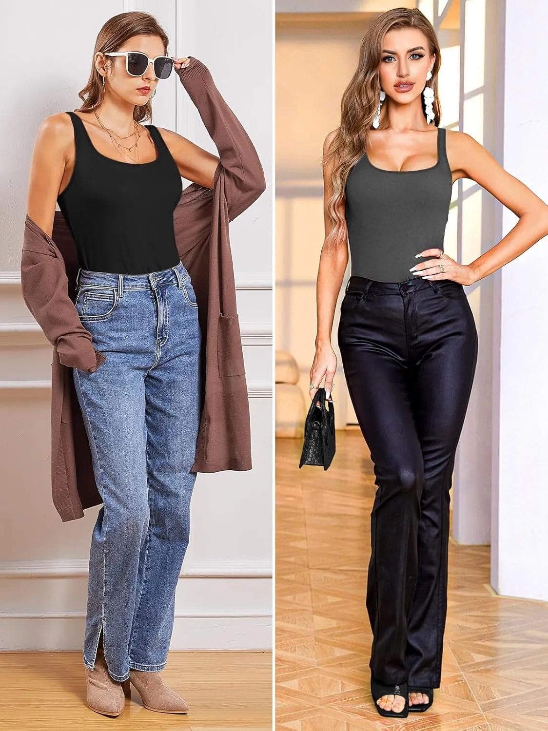 V FOR CITY Tank Top for Women with Shelf Bra Cotton Adjustable Wide Strap Camisole Basic Cami Shirts 2 Pack
