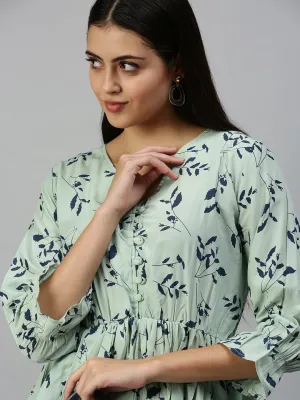 Women Green Floral Print Tropical Crepe Cinched Waist Top