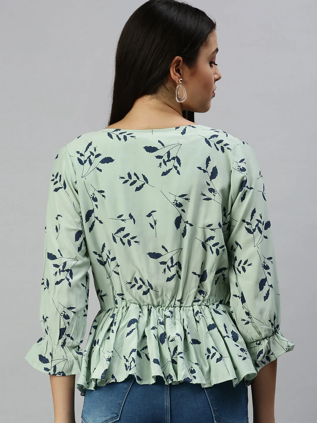Women Green Floral Print Tropical Crepe Cinched Waist Top