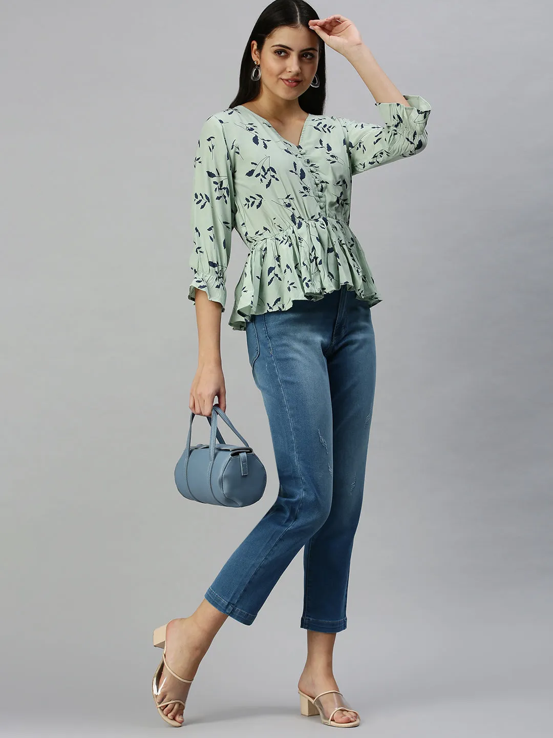 Women Green Floral Print Tropical Crepe Cinched Waist Top