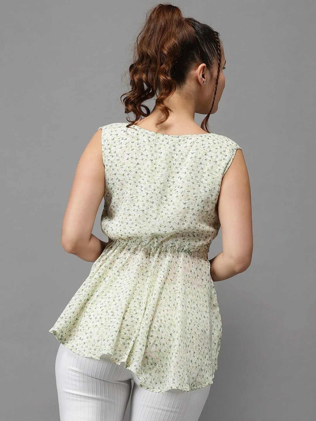 Women Green Print V-Neck Georgette Cinched Waist Top