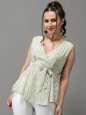 Women Green Print V-Neck Georgette Cinched Waist Top