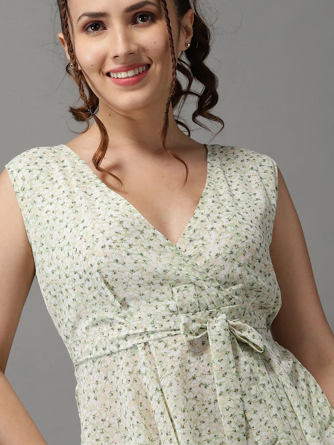 Women Green Print V-Neck Georgette Cinched Waist Top