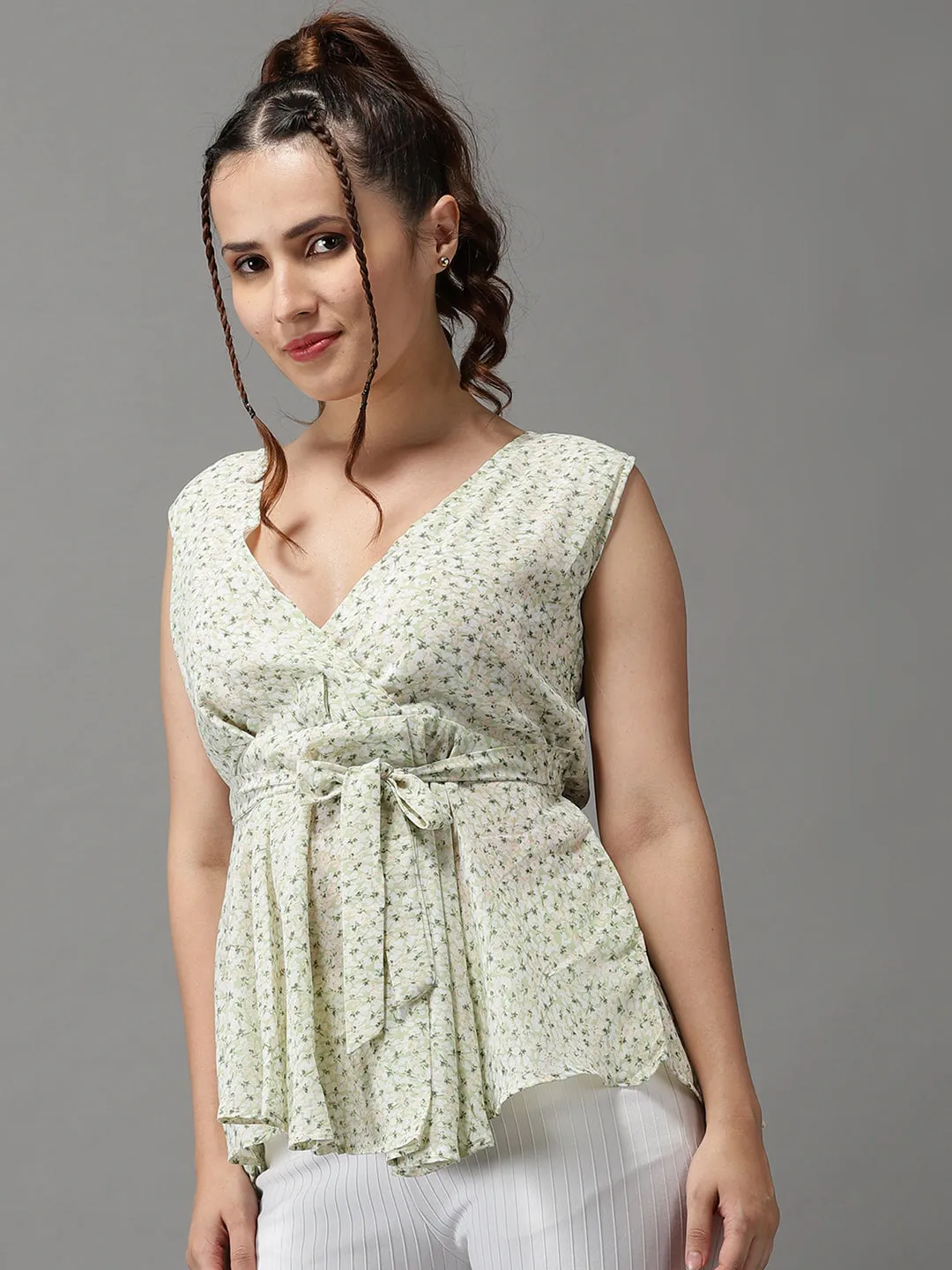 Women Green Print V-Neck Georgette Cinched Waist Top