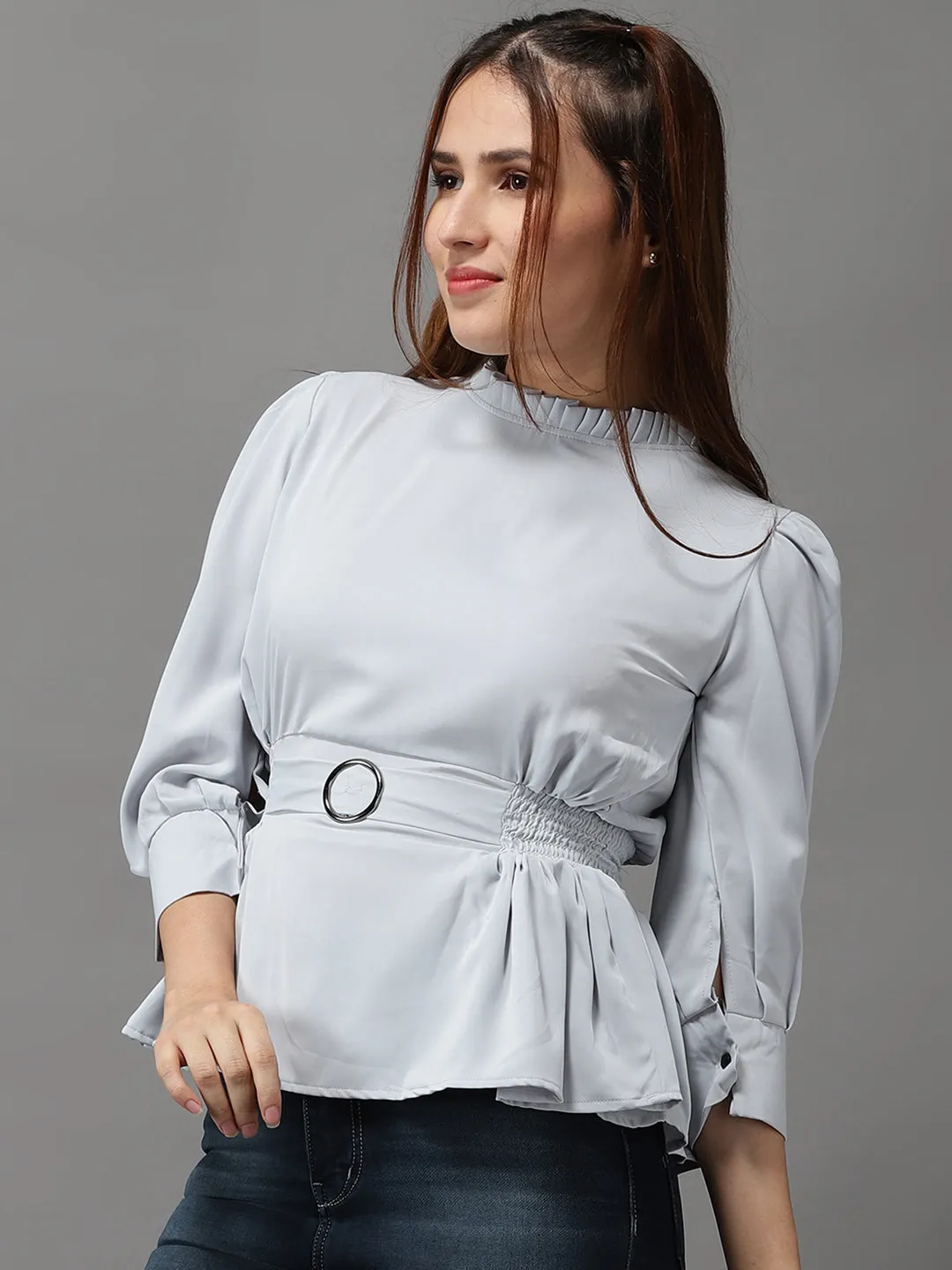 Women Grey Crepe Cinched Waist Top