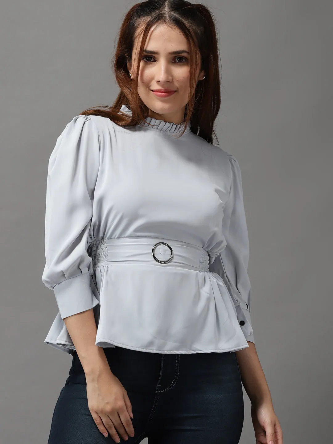 Women Grey Crepe Cinched Waist Top
