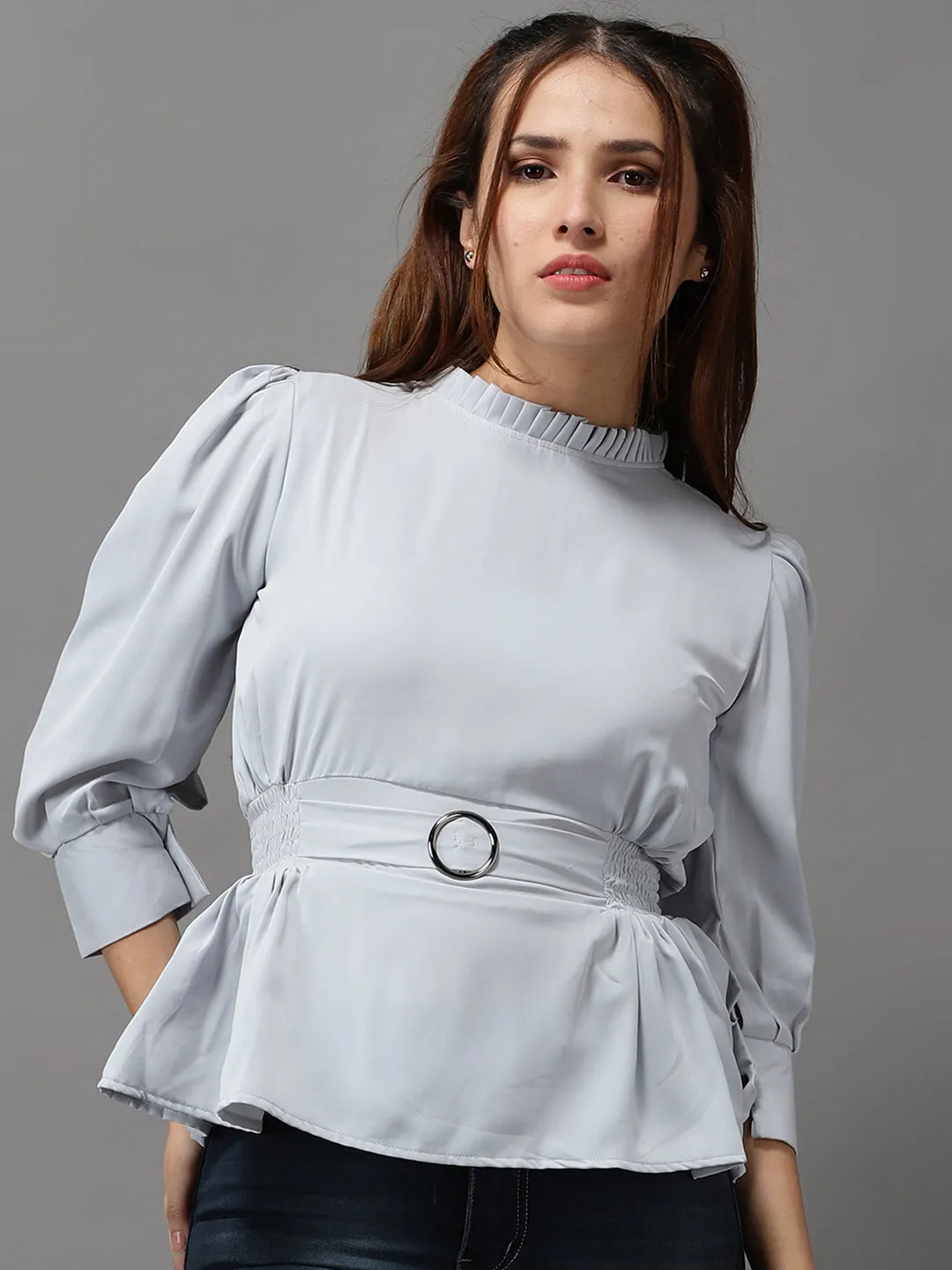 Women Grey Crepe Cinched Waist Top