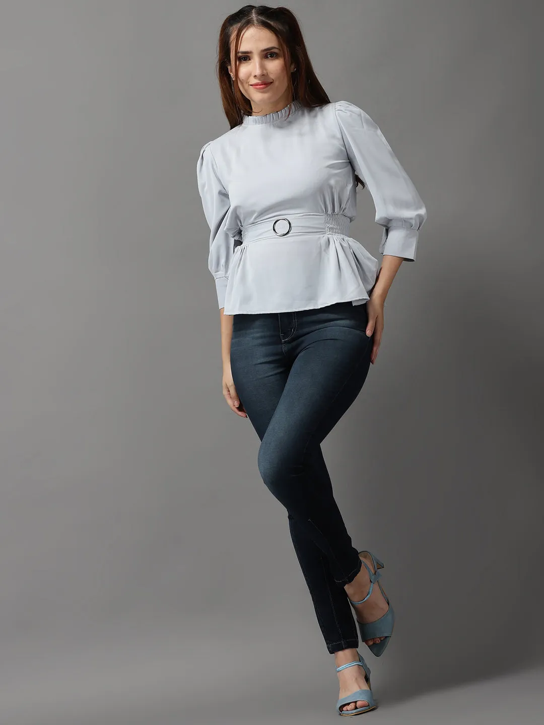 Women Grey Crepe Cinched Waist Top