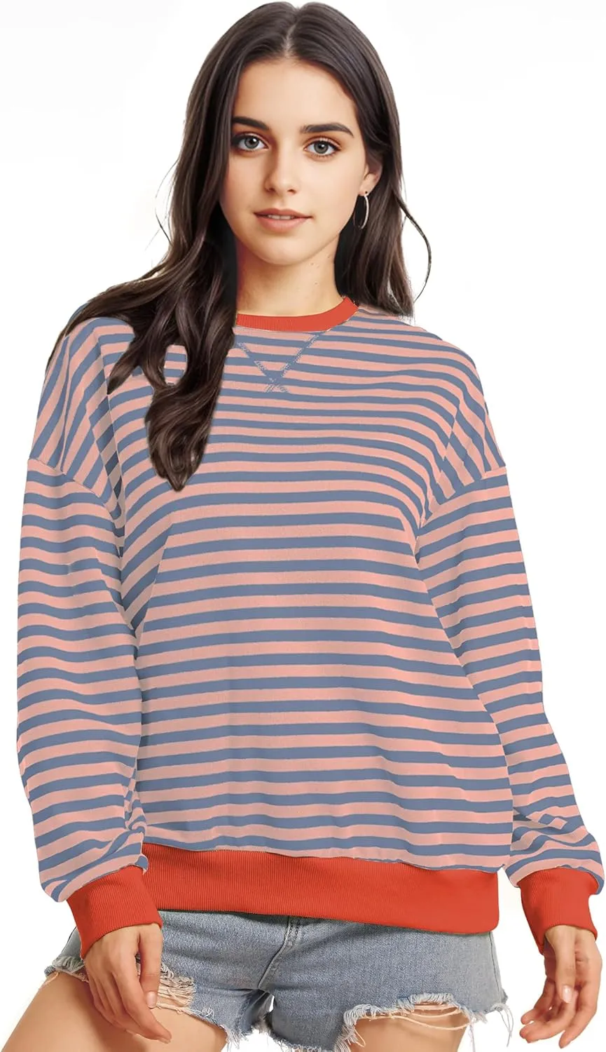 Women Striped Oversized Sweatshirt Long Sleeve Crewneck Shirt Fall Fashion 2025 Pullover Top Preppy Y2K Clothes