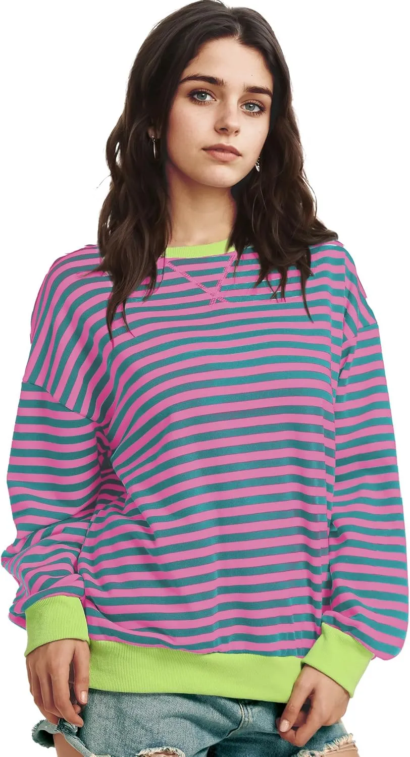 Women Striped Oversized Sweatshirt Long Sleeve Crewneck Shirt Fall Fashion 2025 Pullover Top Preppy Y2K Clothes