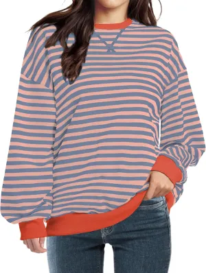 Women Striped Oversized Sweatshirt Long Sleeve Crewneck Shirt Fall Fashion 2025 Pullover Top Preppy Y2K Clothes