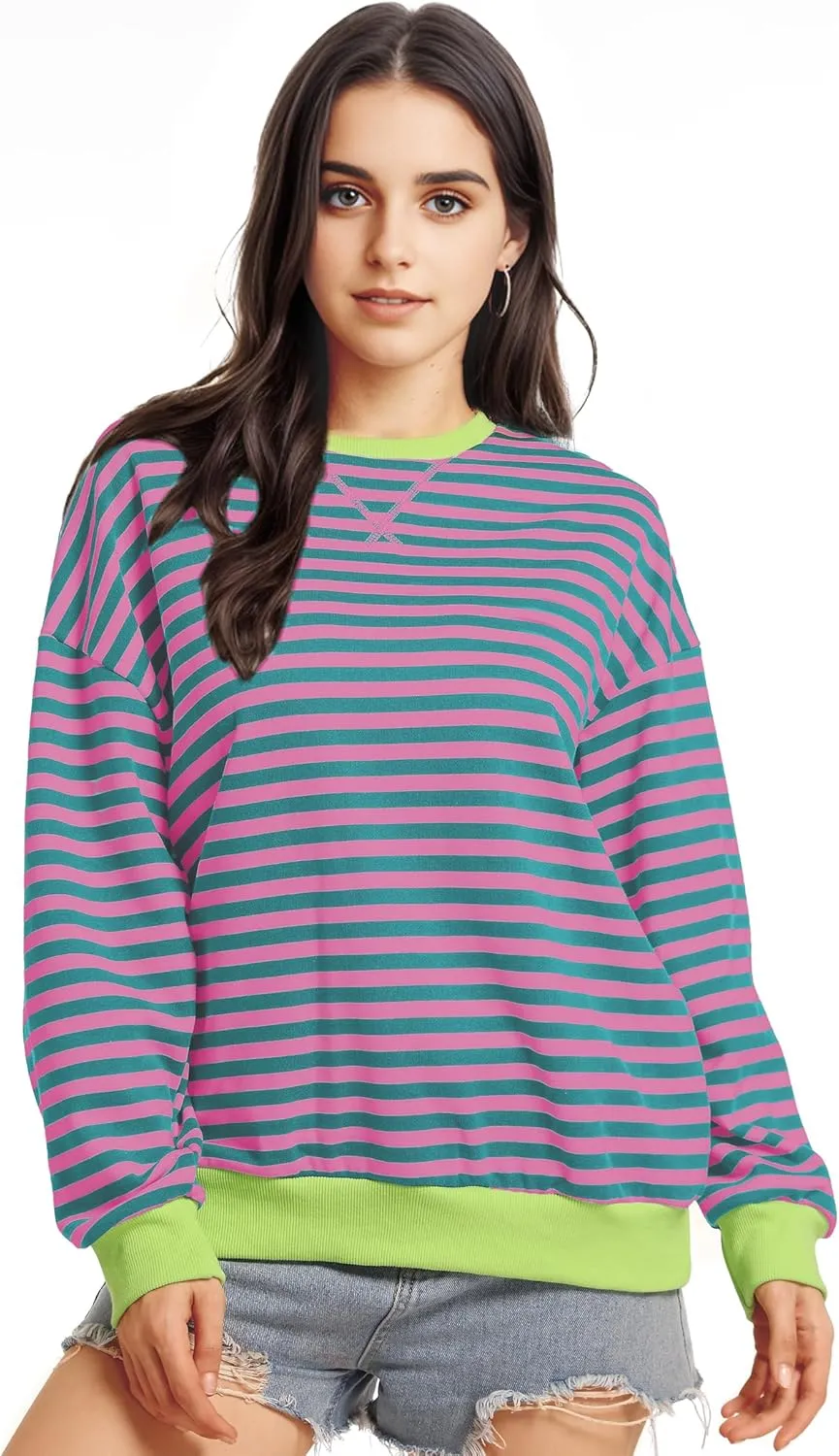 Women Striped Oversized Sweatshirt Long Sleeve Crewneck Shirt Fall Fashion 2025 Pullover Top Preppy Y2K Clothes