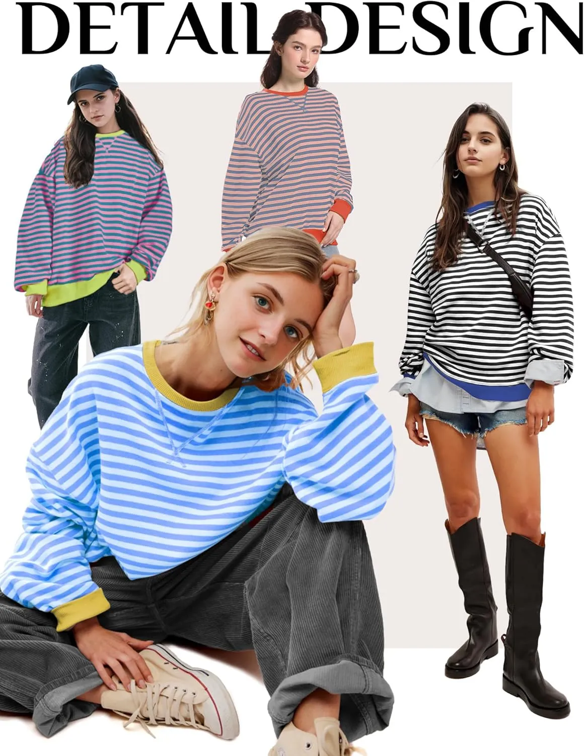 Women Striped Oversized Sweatshirt Long Sleeve Crewneck Shirt Fall Fashion 2025 Pullover Top Preppy Y2K Clothes