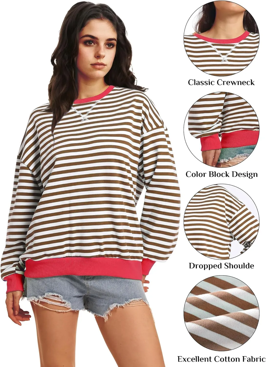 Women Striped Oversized Sweatshirt Long Sleeve Crewneck Shirt Fall Fashion 2025 Pullover Top Preppy Y2K Clothes