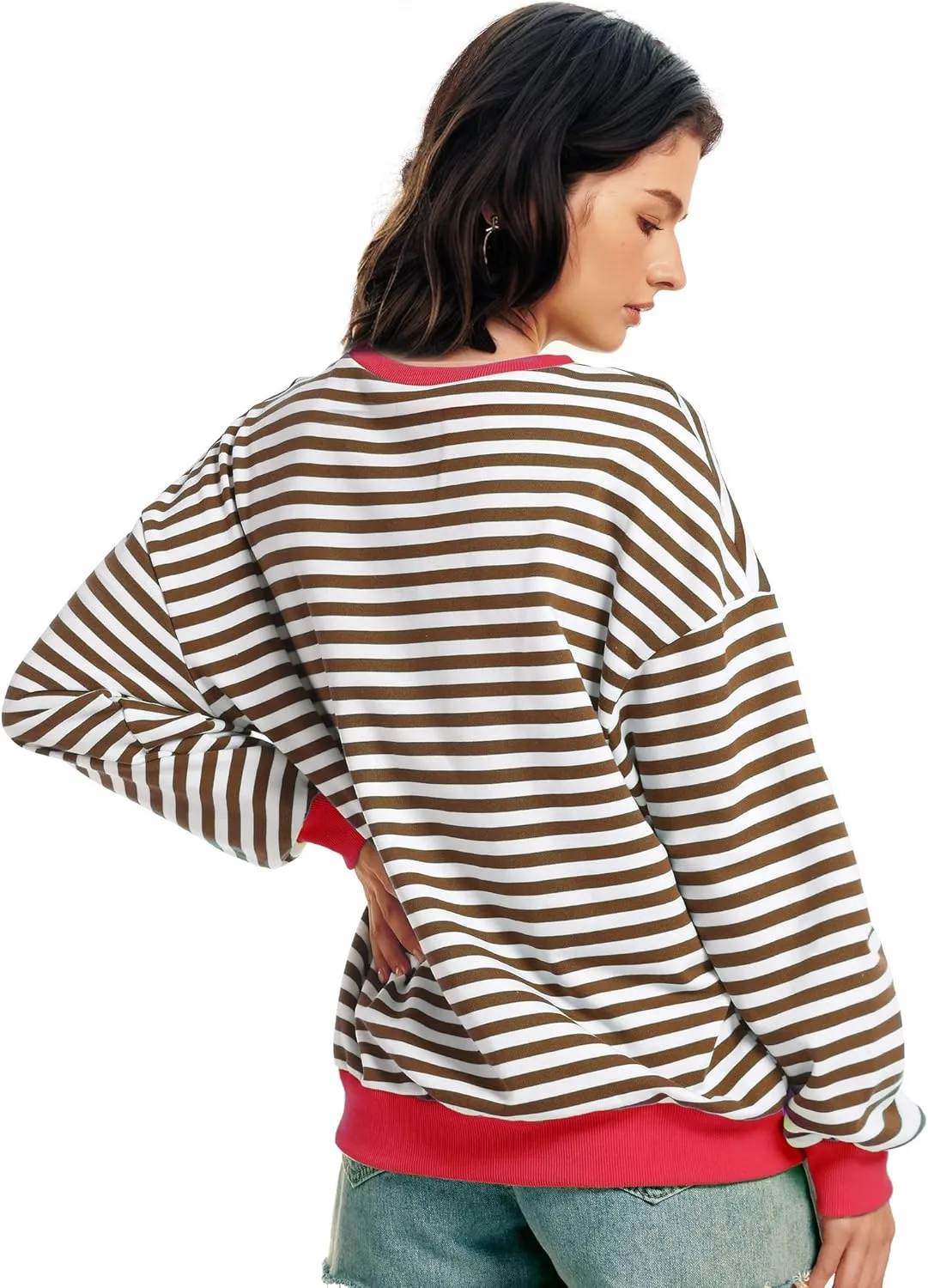 Women Striped Oversized Sweatshirt Long Sleeve Crewneck Shirt Fall Fashion 2025 Pullover Top Preppy Y2K Clothes