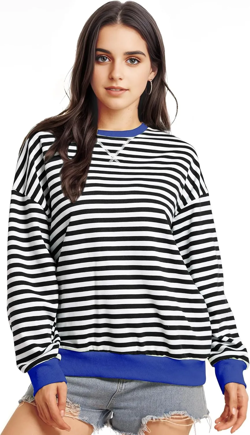 Women Striped Oversized Sweatshirt Long Sleeve Crewneck Shirt Fall Fashion 2025 Pullover Top Preppy Y2K Clothes