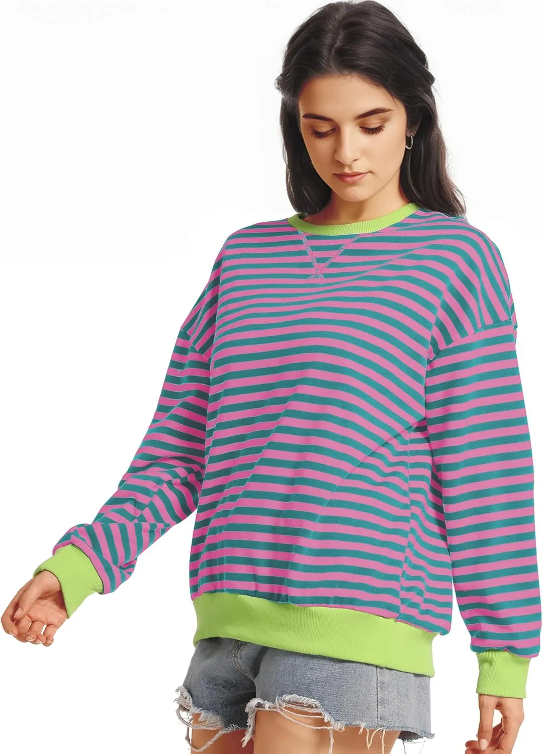 Women Striped Oversized Sweatshirt Long Sleeve Crewneck Shirt Fall Fashion 2025 Pullover Top Preppy Y2K Clothes