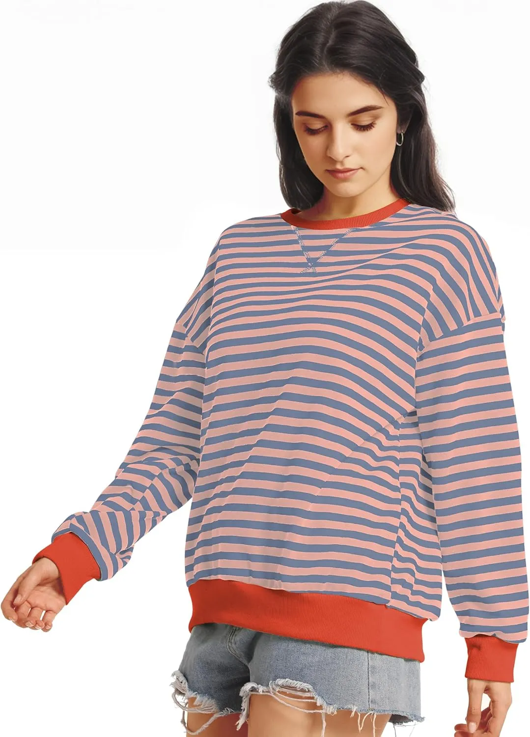 Women Striped Oversized Sweatshirt Long Sleeve Crewneck Shirt Fall Fashion 2025 Pullover Top Preppy Y2K Clothes