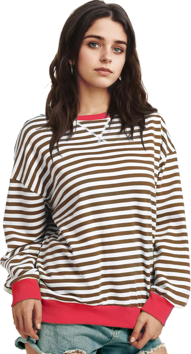 Women Striped Oversized Sweatshirt Long Sleeve Crewneck Shirt Fall Fashion 2025 Pullover Top Preppy Y2K Clothes