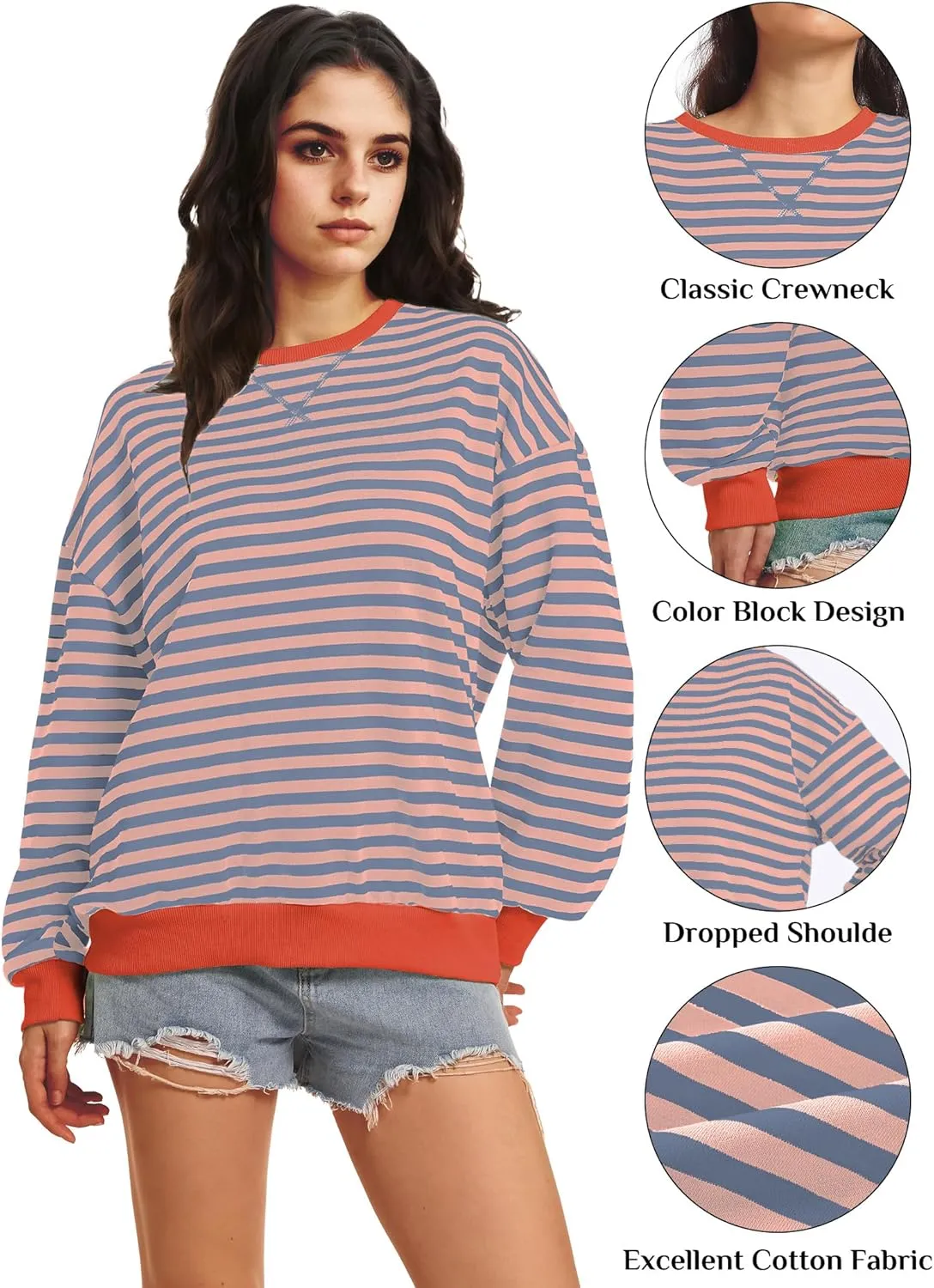 Women Striped Oversized Sweatshirt Long Sleeve Crewneck Shirt Fall Fashion 2025 Pullover Top Preppy Y2K Clothes