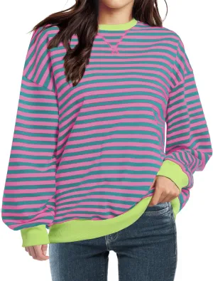 Women Striped Oversized Sweatshirt Long Sleeve Crewneck Shirt Fall Fashion 2025 Pullover Top Preppy Y2K Clothes