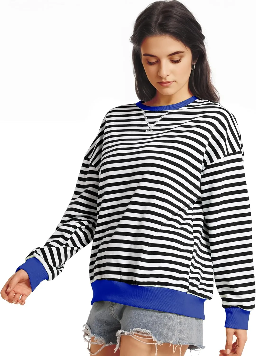 Women Striped Oversized Sweatshirt Long Sleeve Crewneck Shirt Fall Fashion 2025 Pullover Top Preppy Y2K Clothes