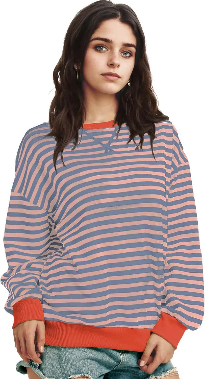 Women Striped Oversized Sweatshirt Long Sleeve Crewneck Shirt Fall Fashion 2025 Pullover Top Preppy Y2K Clothes