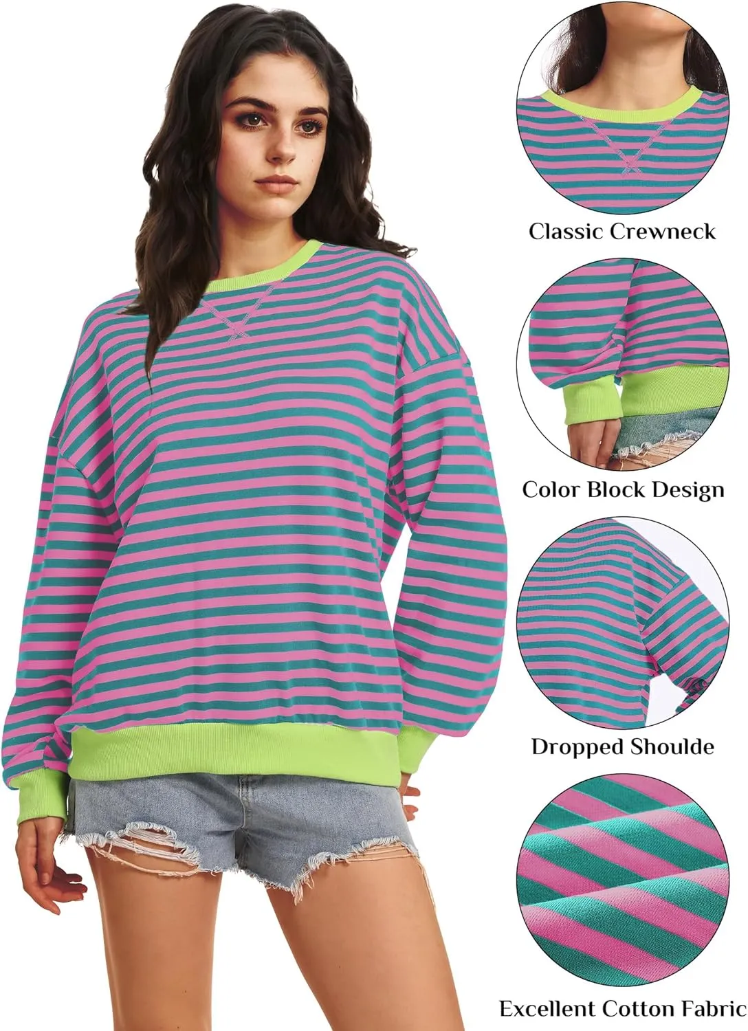Women Striped Oversized Sweatshirt Long Sleeve Crewneck Shirt Fall Fashion 2025 Pullover Top Preppy Y2K Clothes