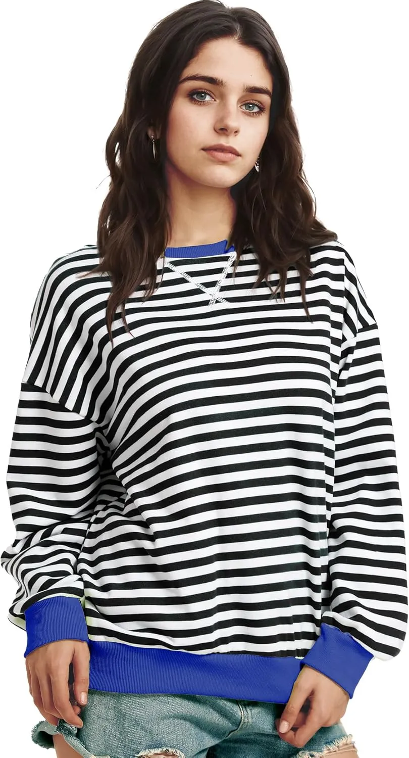 Women Striped Oversized Sweatshirt Long Sleeve Crewneck Shirt Fall Fashion 2025 Pullover Top Preppy Y2K Clothes