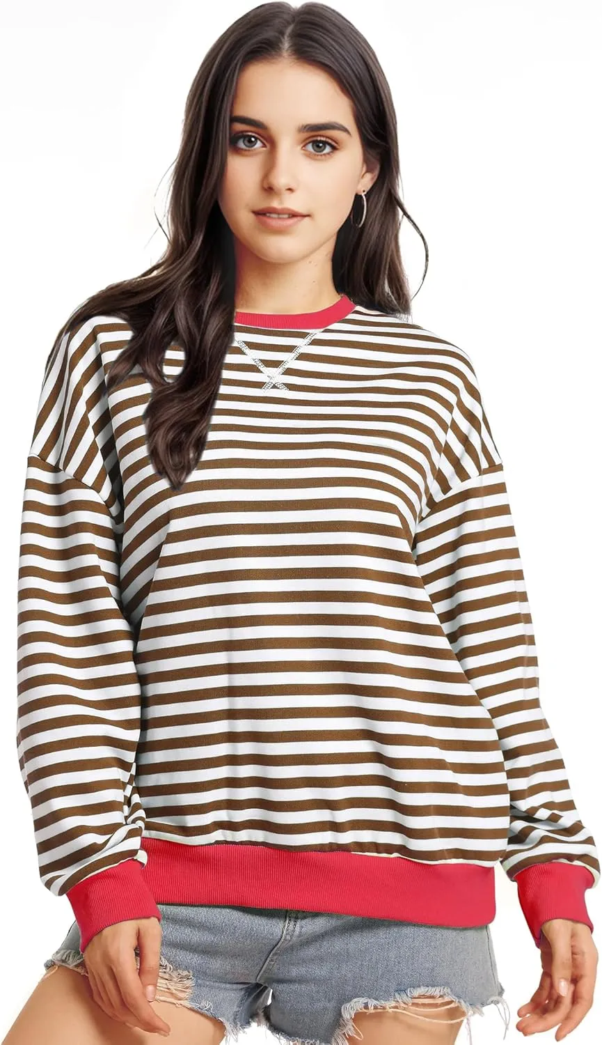 Women Striped Oversized Sweatshirt Long Sleeve Crewneck Shirt Fall Fashion 2025 Pullover Top Preppy Y2K Clothes