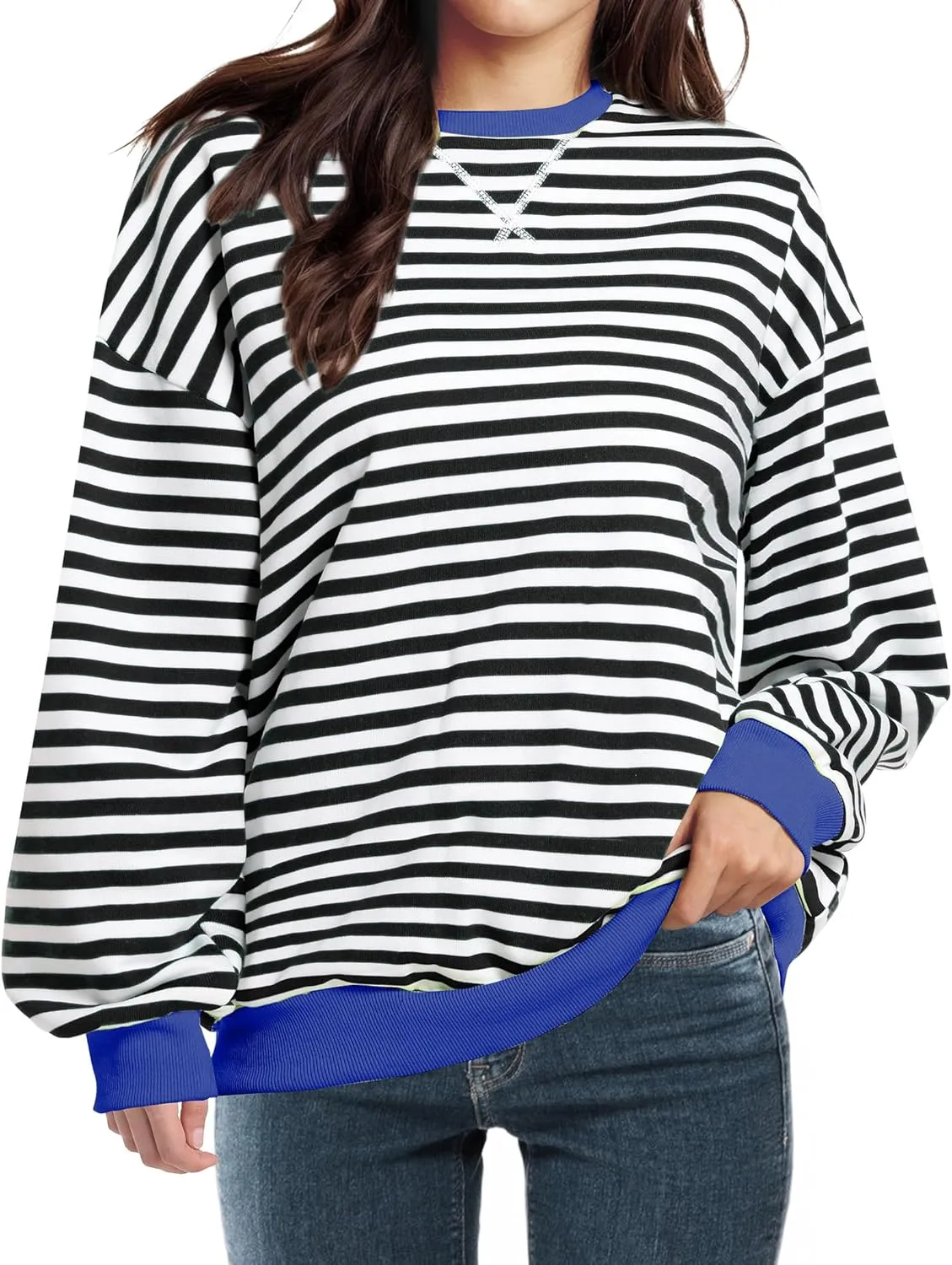 Women Striped Oversized Sweatshirt Long Sleeve Crewneck Shirt Fall Fashion 2025 Pullover Top Preppy Y2K Clothes