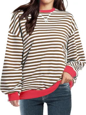 Women Striped Oversized Sweatshirt Long Sleeve Crewneck Shirt Fall Fashion 2025 Pullover Top Preppy Y2K Clothes