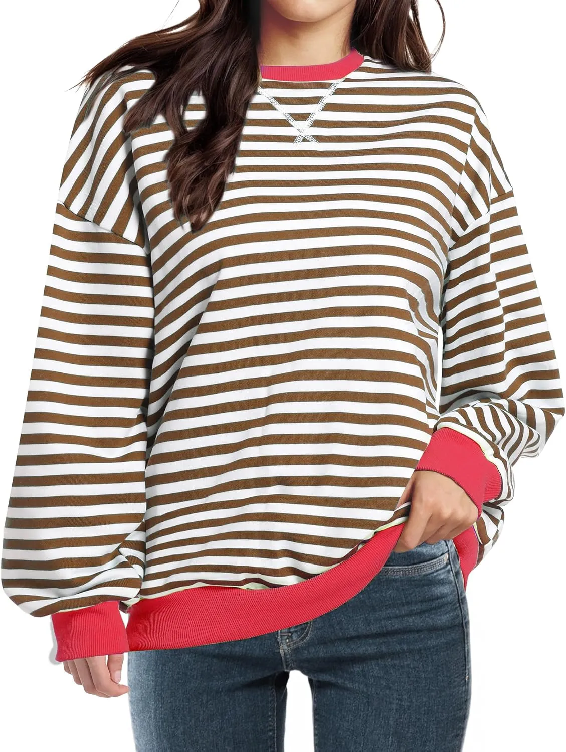 Women Striped Oversized Sweatshirt Long Sleeve Crewneck Shirt Fall Fashion 2025 Pullover Top Preppy Y2K Clothes