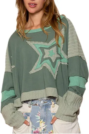 Women Y2k Patchwork Star Sweatshirt Loose Preppy Long Sleeve Shirt Vintage Crewneck Cropped Sweater Pullover Tops