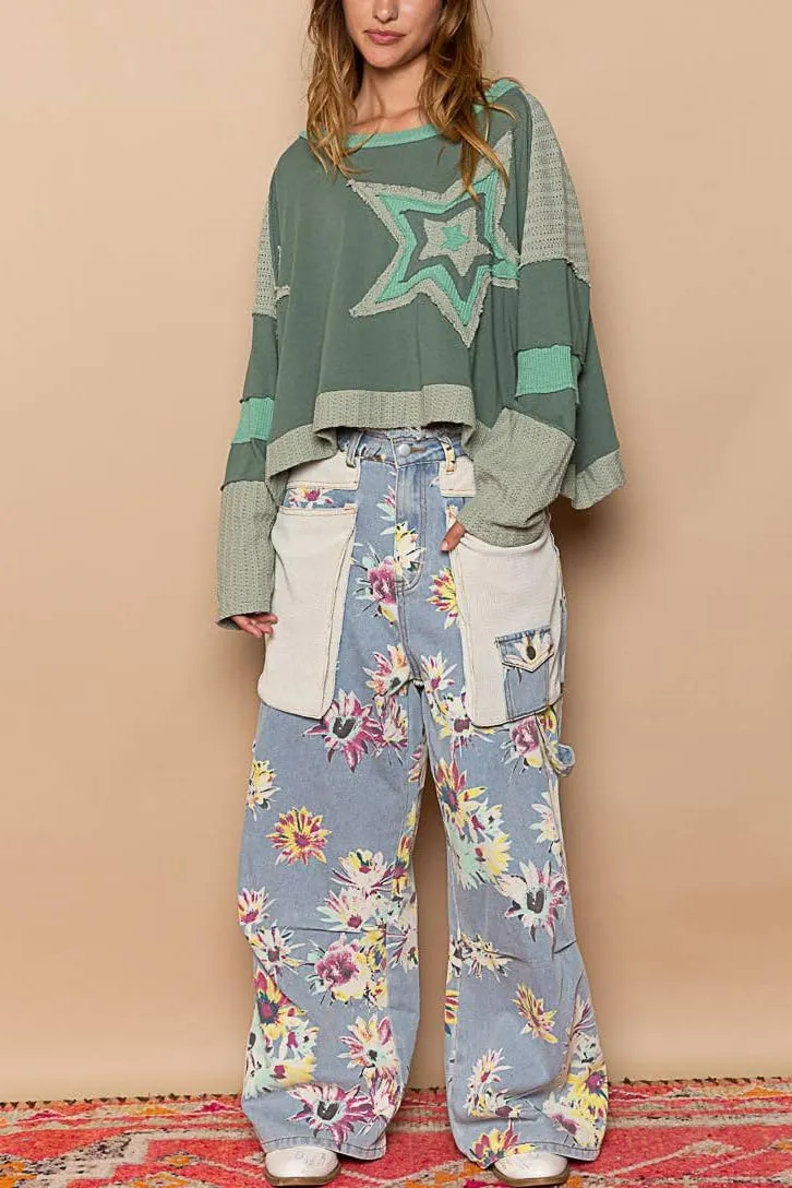 Women Y2k Patchwork Star Sweatshirt Loose Preppy Long Sleeve Shirt Vintage Crewneck Cropped Sweater Pullover Tops