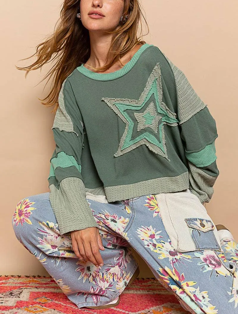 Women Y2k Patchwork Star Sweatshirt Loose Preppy Long Sleeve Shirt Vintage Crewneck Cropped Sweater Pullover Tops