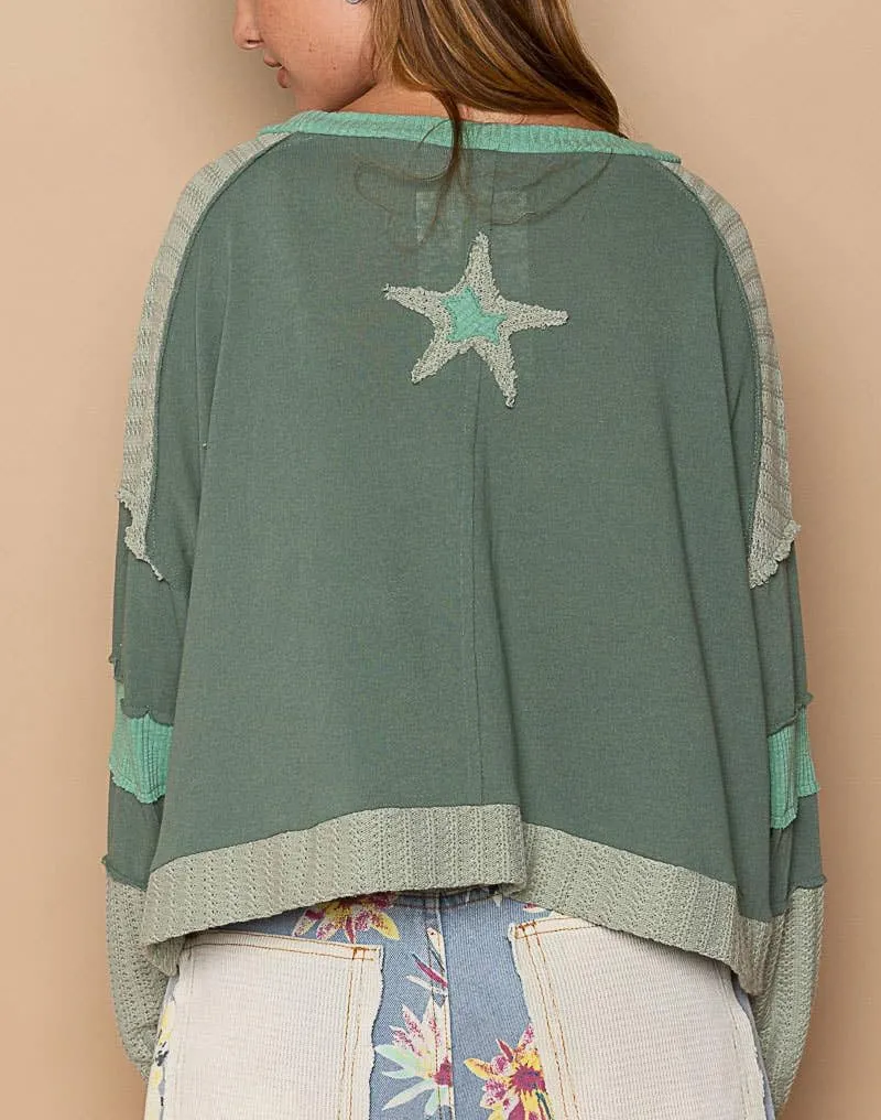 Women Y2k Patchwork Star Sweatshirt Loose Preppy Long Sleeve Shirt Vintage Crewneck Cropped Sweater Pullover Tops