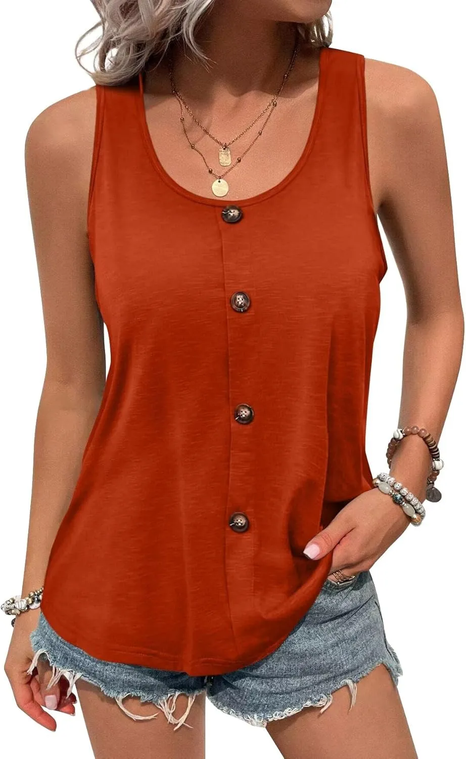 Women's Button Front Tank Top, 2025 Summer Casual Loose Fit Cami Scoop Neck Sleeveless Tops