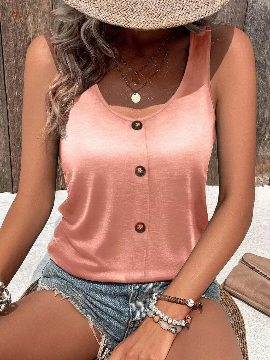Women's Button Front Tank Top, 2025 Summer Casual Loose Fit Cami Scoop Neck Sleeveless Tops