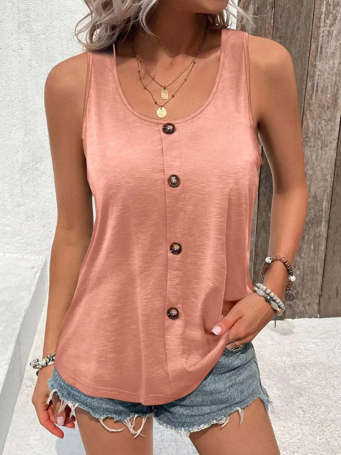 Women's Button Front Tank Top, 2025 Summer Casual Loose Fit Cami Scoop Neck Sleeveless Tops